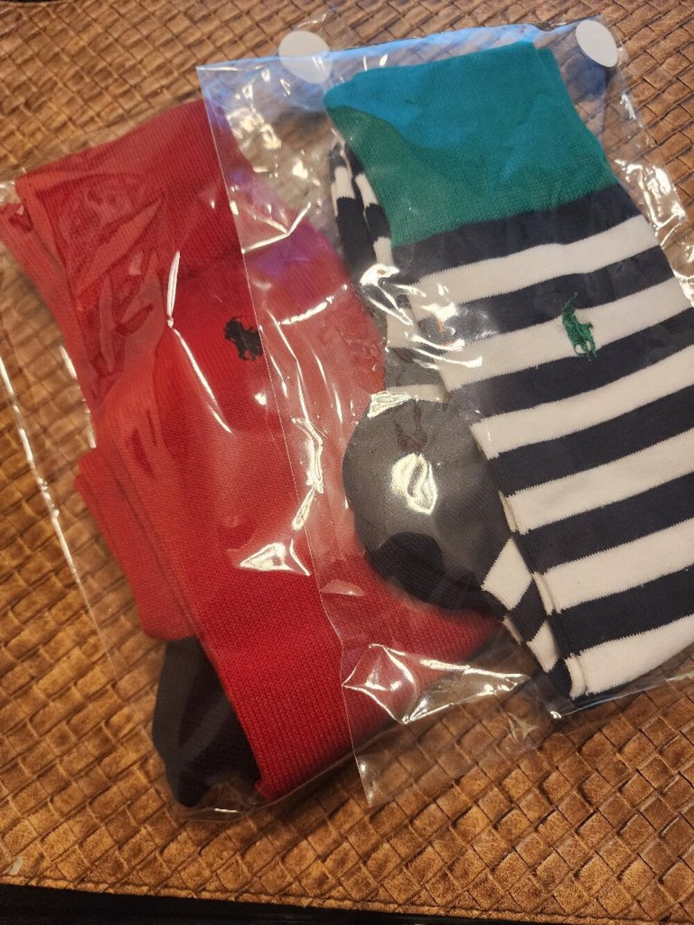 TWO PAIRS OF POLO RALPH LAUREN MEN'S DRESS SOCKS - NAVY/GREEN STRIPE & RED